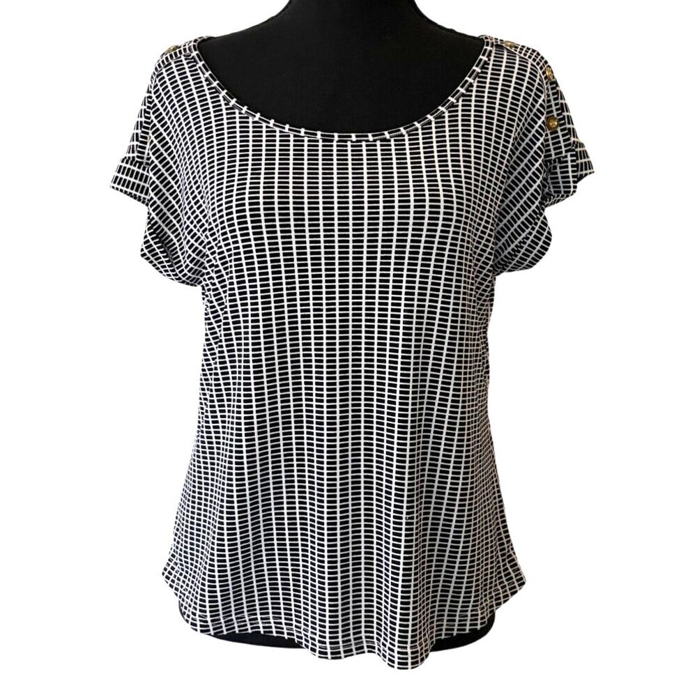 Mine Women’s Small Black White Grid Print Top Gold Button Shoulder Detail